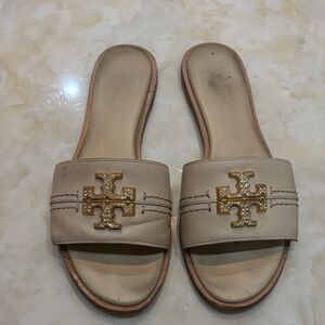Tory Burch Tan Slide Sandals with Gold Logo